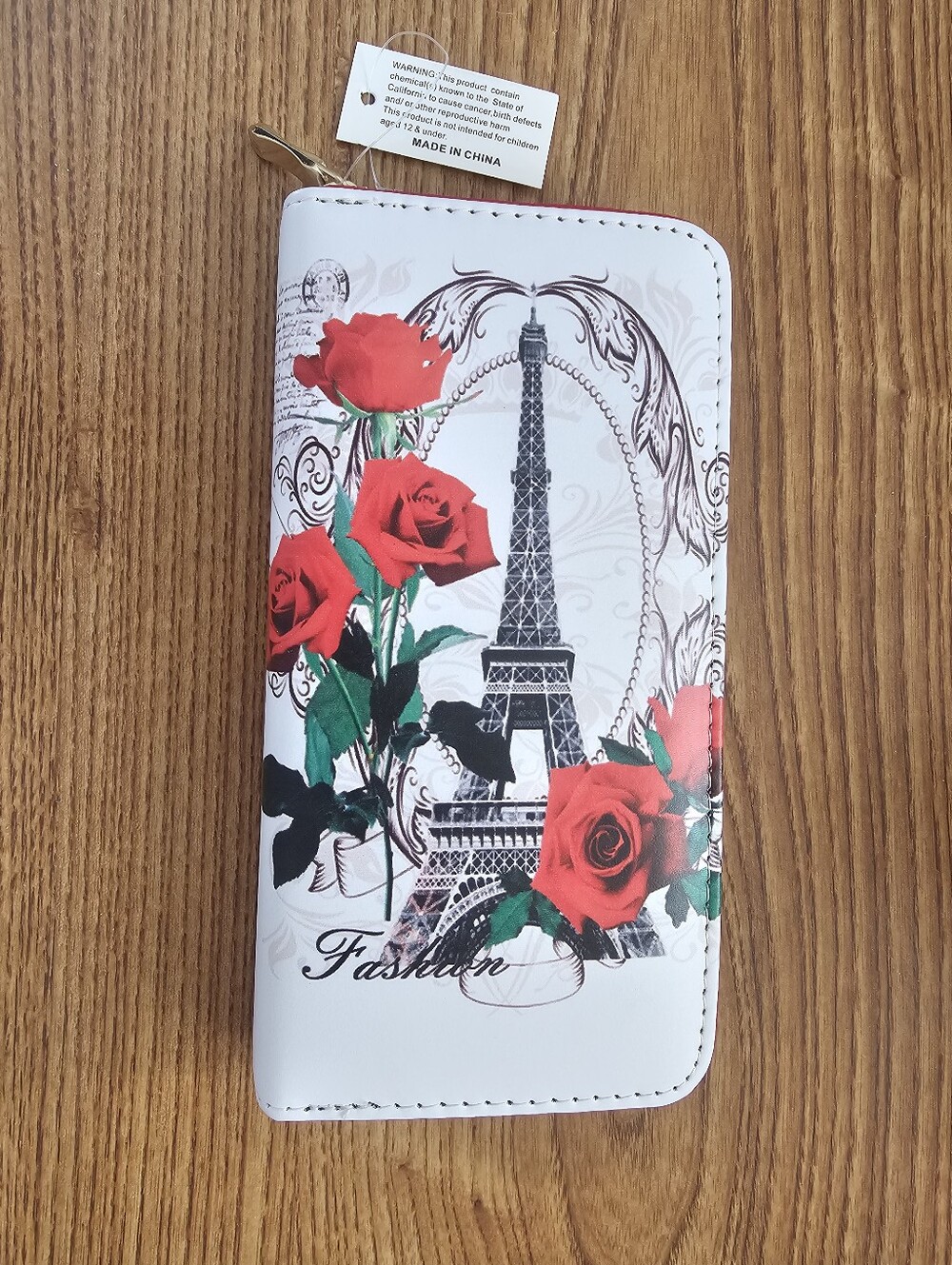 NWT Eiffel Tower & Red Flowers PU Leather Zip Around Wallet Parisian Chic